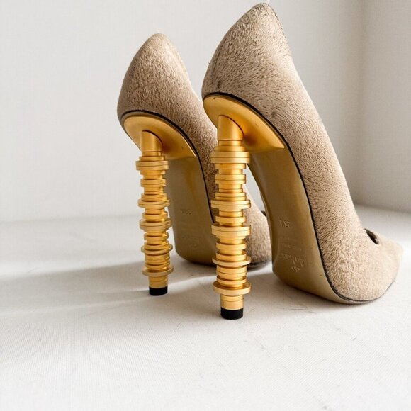 Julia Haart Nude Beige Pointy Toe Unique Heel High Heels 38.5 - Picture 4 of 11